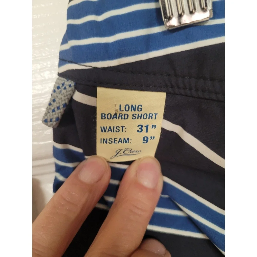 J CREW Mens Striped Long Board Shorts Swim Trunks Blue/White Mesh Lined Size‎ 31